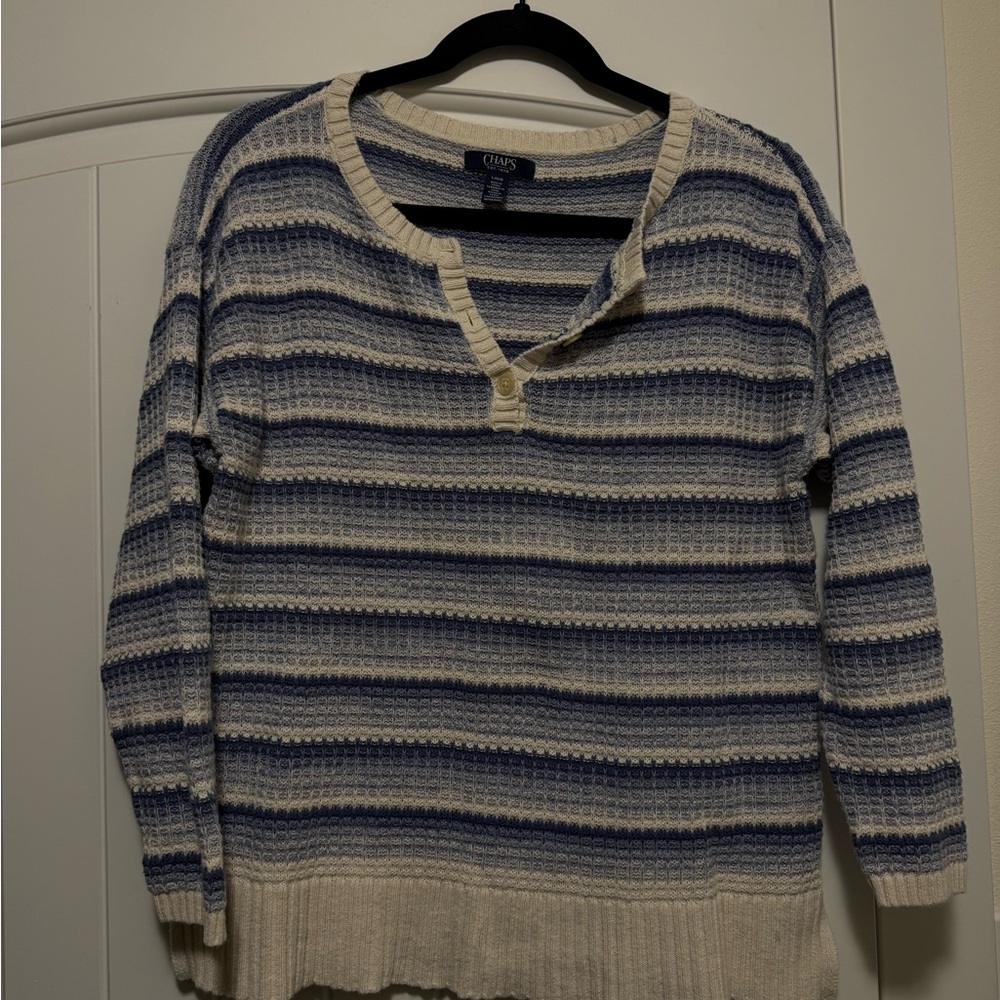 Chaco Women's V-Neck Sweater in Blue and Cream Stripes